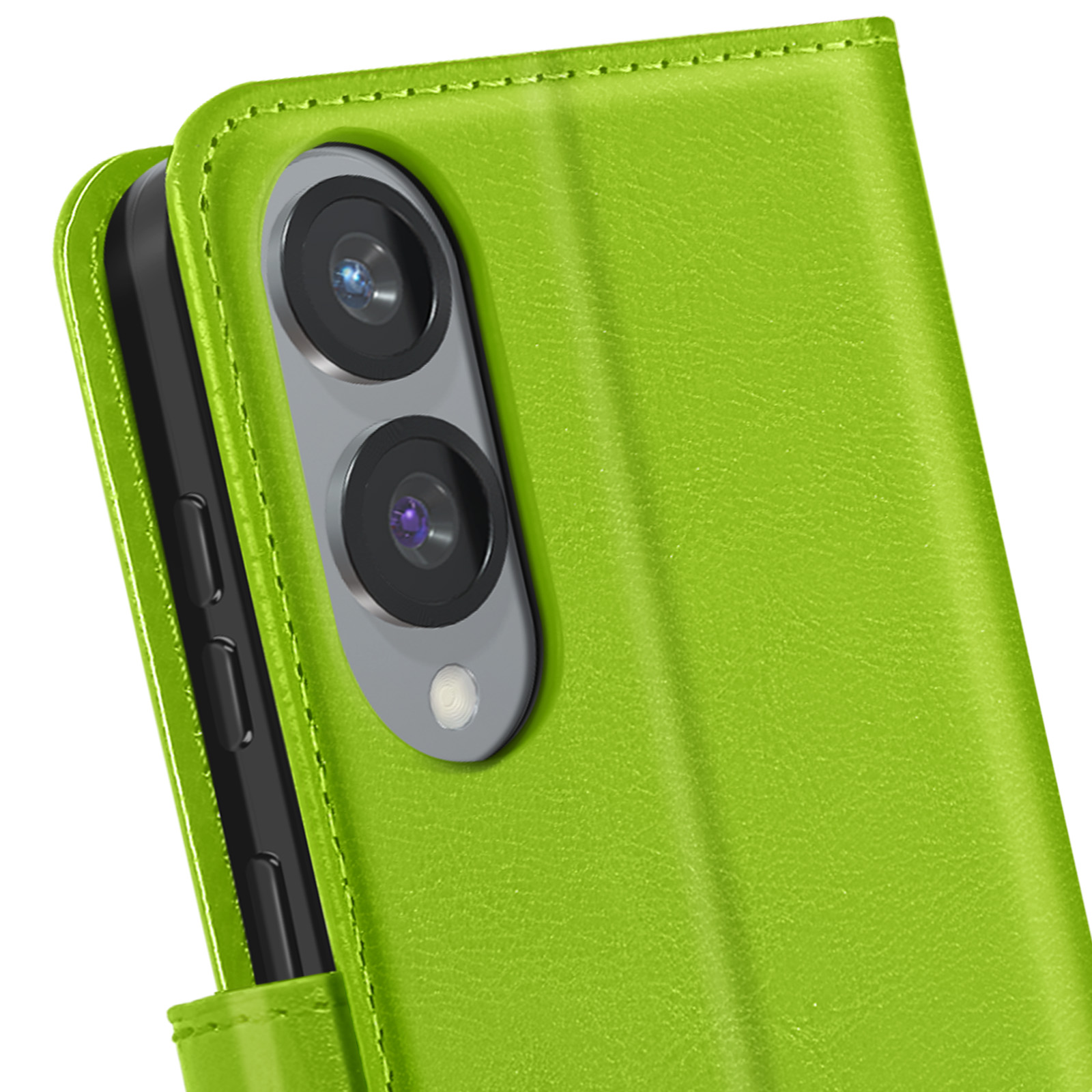 Custodia verde per telefono, stile portafoglio, con un telefono all'interno che mostra le lenti della fotocamera.