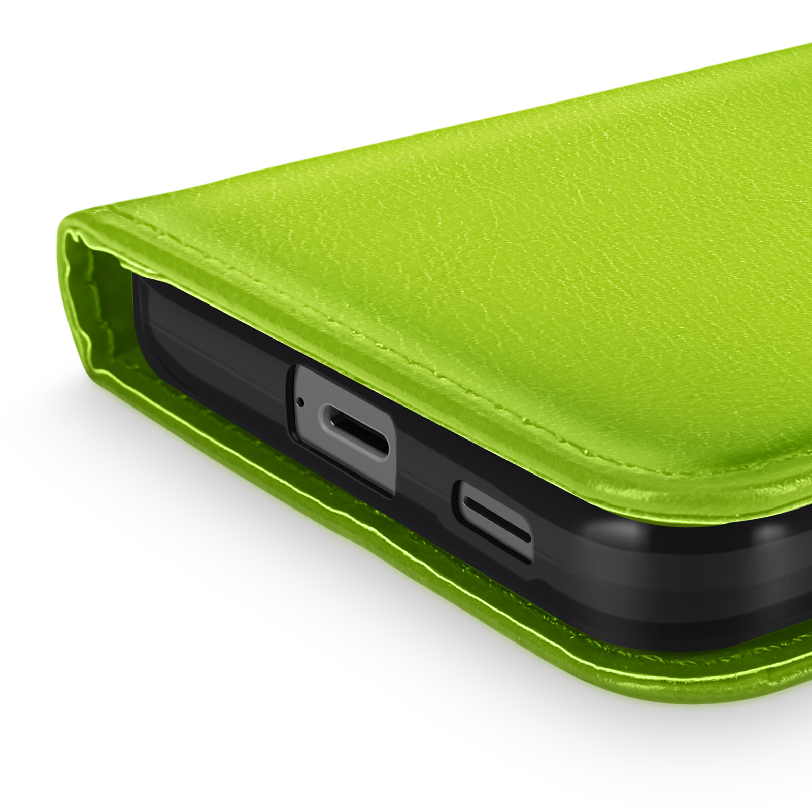 Primo piano di una custodia verde per telefono con porte visibili.