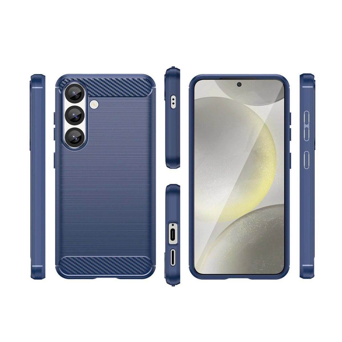 Blaue Handyhülle mit mehreren Ansichten. Verfügt über eine strukturierte Rückseite und Kameraausschnitte. Die Hülle ist für ein Telefon.