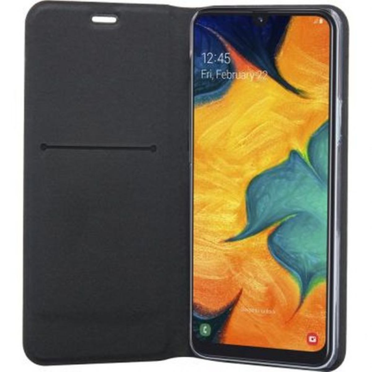 Schwarze Handyhülle mit Telefon, das die Uhrzeit anzeigt. Die Hülle ist offen. Der Bildschirm zeigt gelbe, orange und blaue Farben.