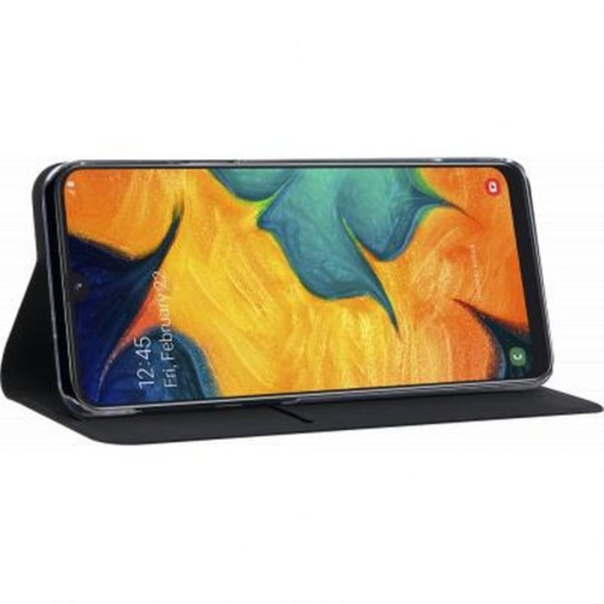 Schwarze Handyhülle offen, Telefon ist innen. Das Telefon zeigt gelbe, orange und blaue Farben auf dem Bildschirm.