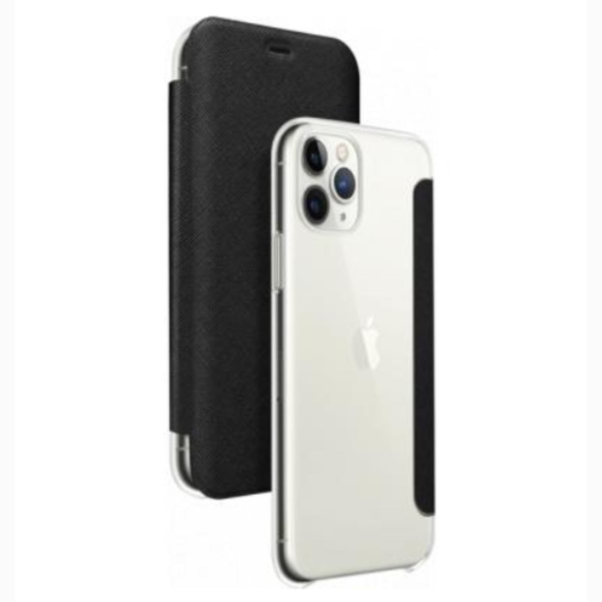 Custodia nera con telefono bianco. Il telefono ha tre fotocamere e un logo Apple. La custodia copre parzialmente il telefono.