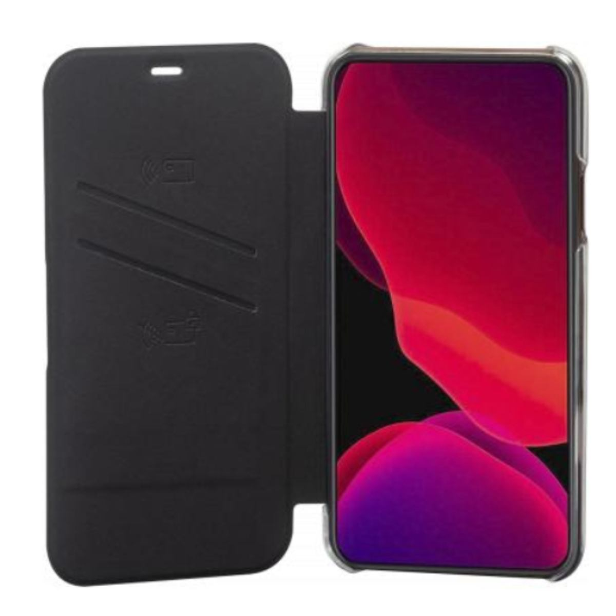 Custodia nera aperta, con telefono che mostra colori rossi e viola. La custodia ha simboli. Custodia trasparente.