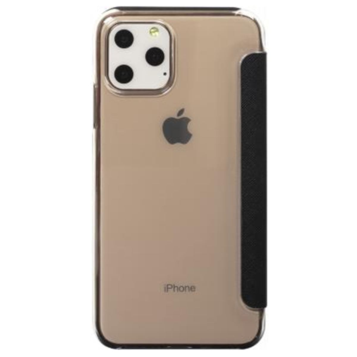 iPhone dorato con custodia nera. Il telefono ha tre fotocamere e un logo Apple. La custodia copre parzialmente il telefono.