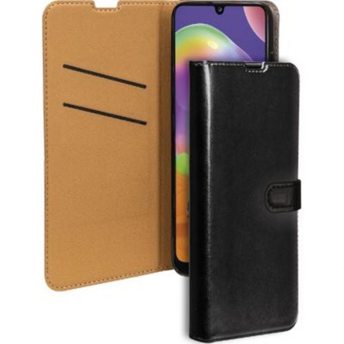 Custodia nera aperta, con telefono che mostra uno schermo viola e bianco. Custodia nera e interno beige.