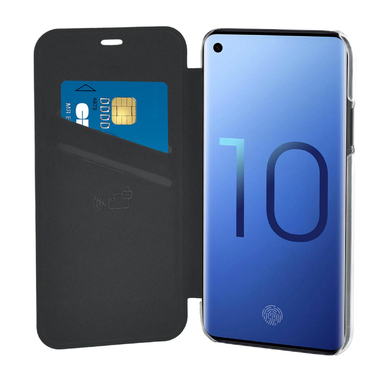 Custodia nera per telefono aperta, che mostra uno schermo blu del telefono. Una carta è visibile all'interno della custodia.