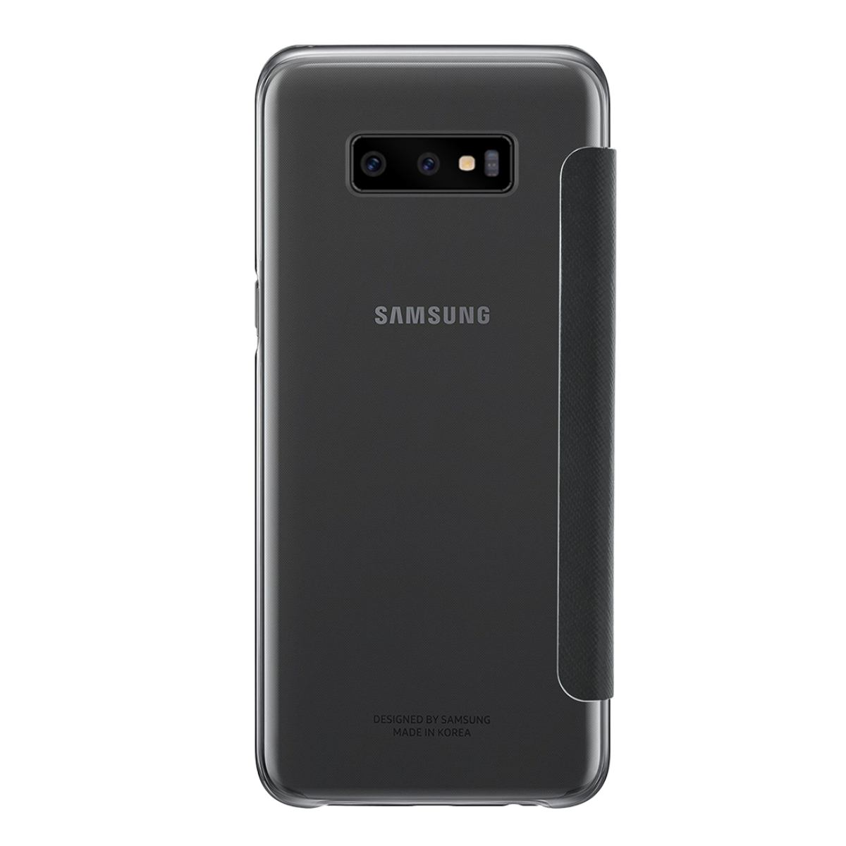Custodia nera per telefono con logo Samsung. La custodia è chiusa. La custodia copre l'intero telefono.