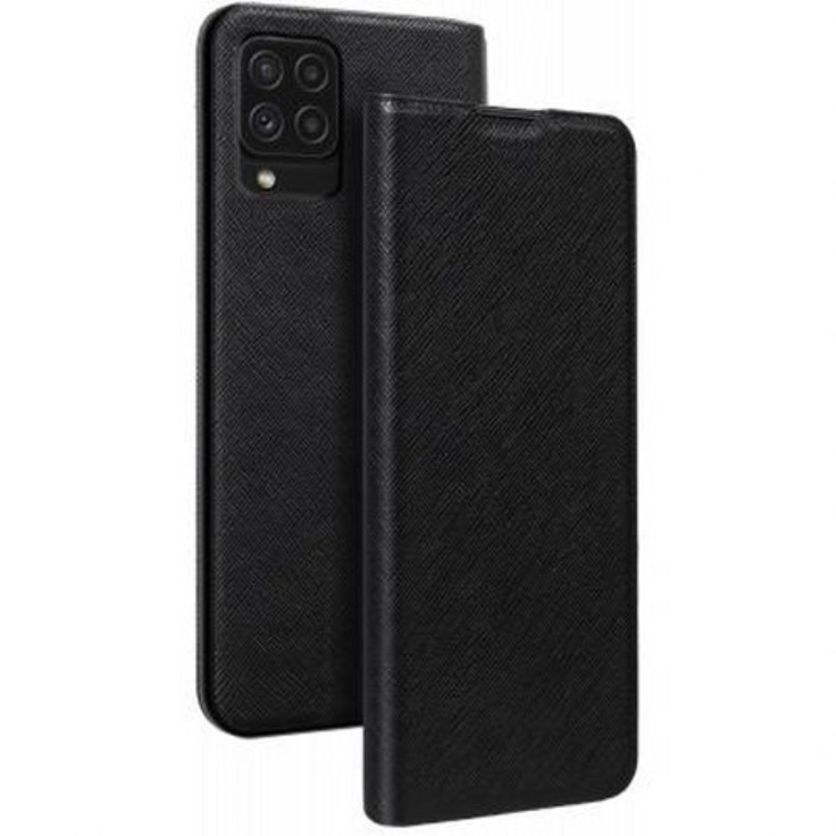 Schwarze Handyhülle, geschlossen und geöffnet, zeigt das Telefon. Die Hülle ist strukturiert, und das Telefon hat Kameras.