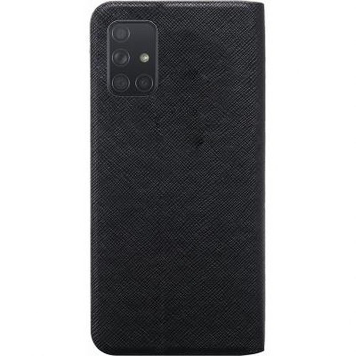 Custodia nera per telefono, chiusa, con fori per la fotocamera. La custodia ha una superficie strutturata. La fotocamera del telefono è visibile.