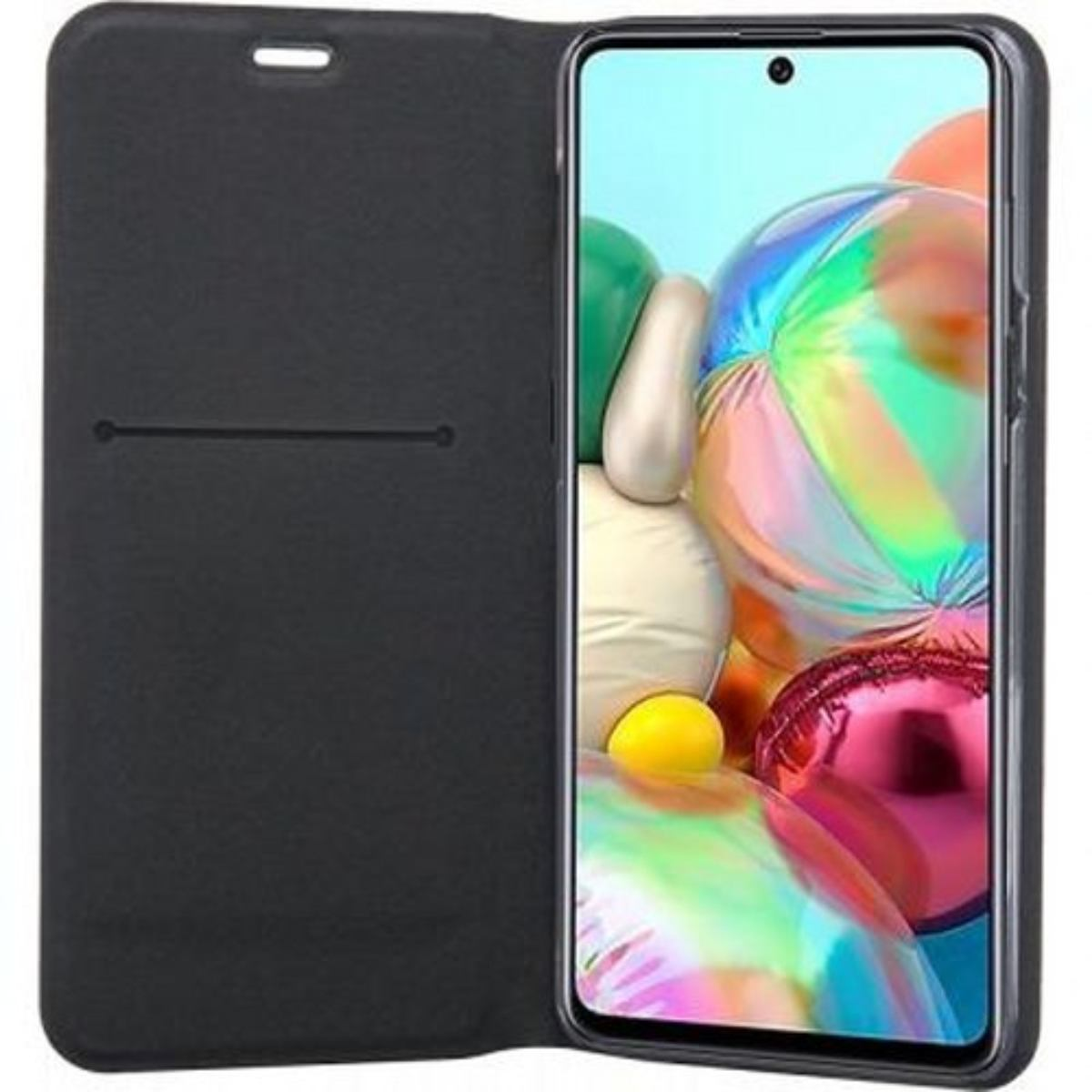 Custodia nera per telefono aperta, che mostra un telefono. Lo schermo mostra un'immagine colorata. La custodia ha un design semplice.
