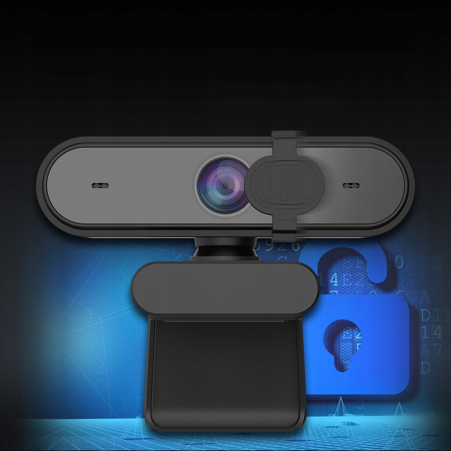 Czarna kamera internetowa z obiektywem, na statywie, z niebieskim tłem. Obecna jest grafika kłódki.