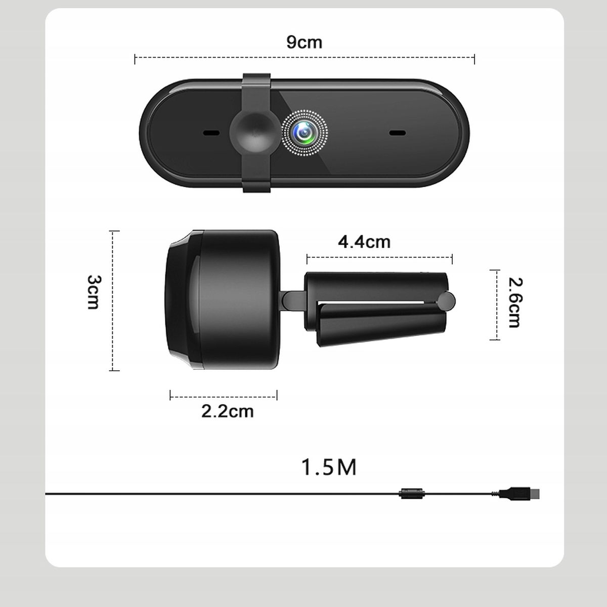 Widok z góry na czarną kamerę internetową z wymiarami. Widoczny jest również kabel USB i białe tło.