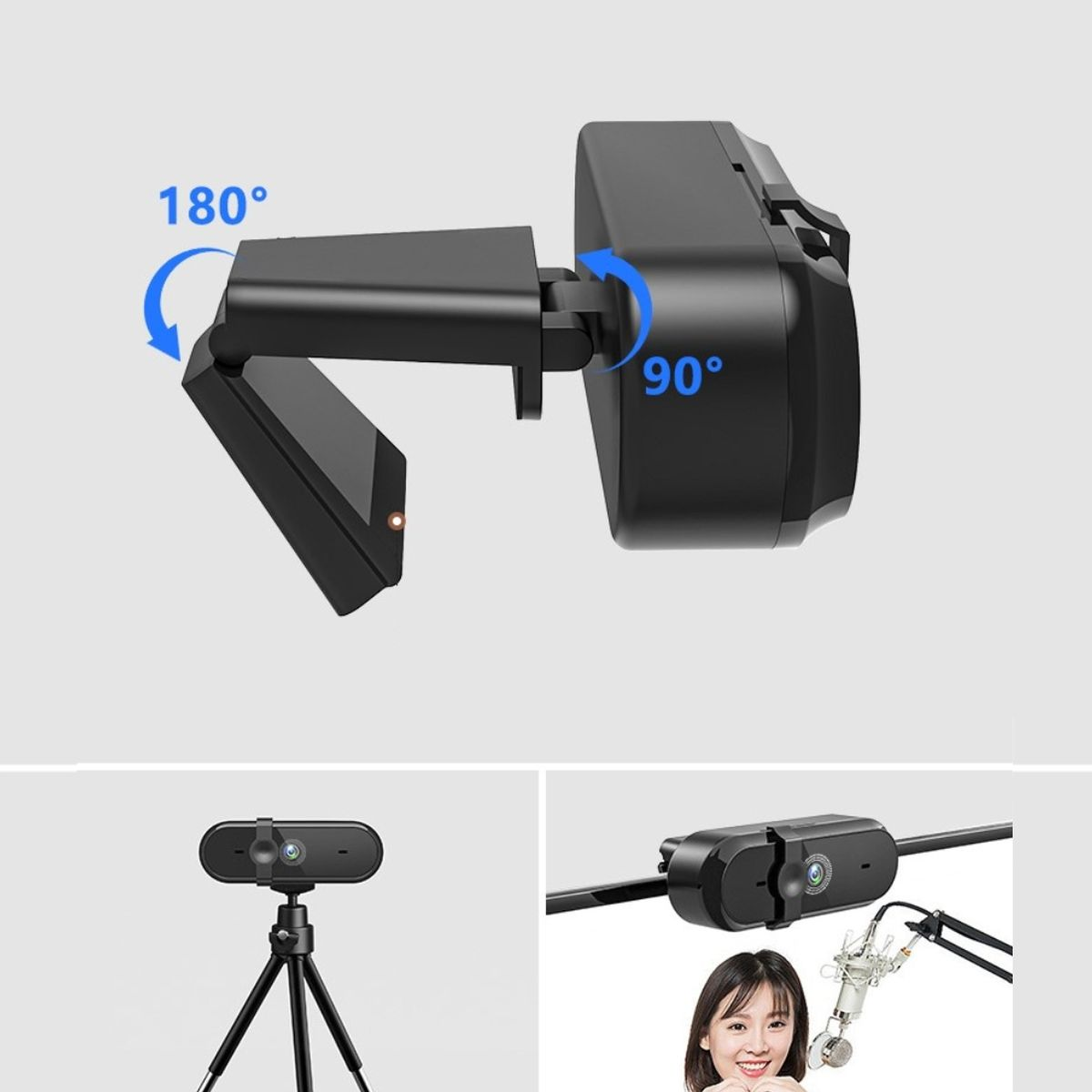 Zestaw kamery internetowej, z regulowanymi ramionami. Pokazuje kąty 180 i 90 stopni. Dodatkowe obrazy pokazują konfigurację i kobietę.