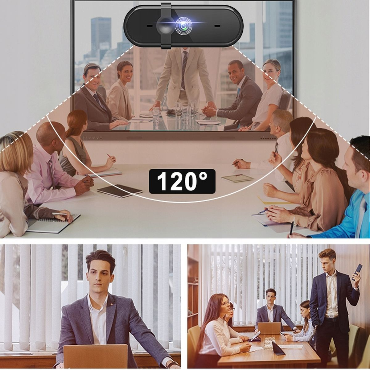 Kamera internetowa pokazująca salę konferencyjną z ludźmi siedzącymi przy stole. Wskazany jest widok 120 stopni.