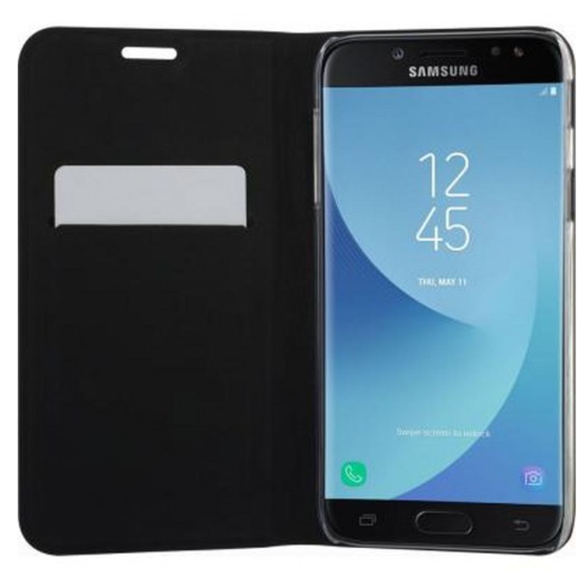Eine schwarze Handyhülle mit einem Telefon darin, das die Uhrzeit und ein grünes Telefonsymbol zeigt.