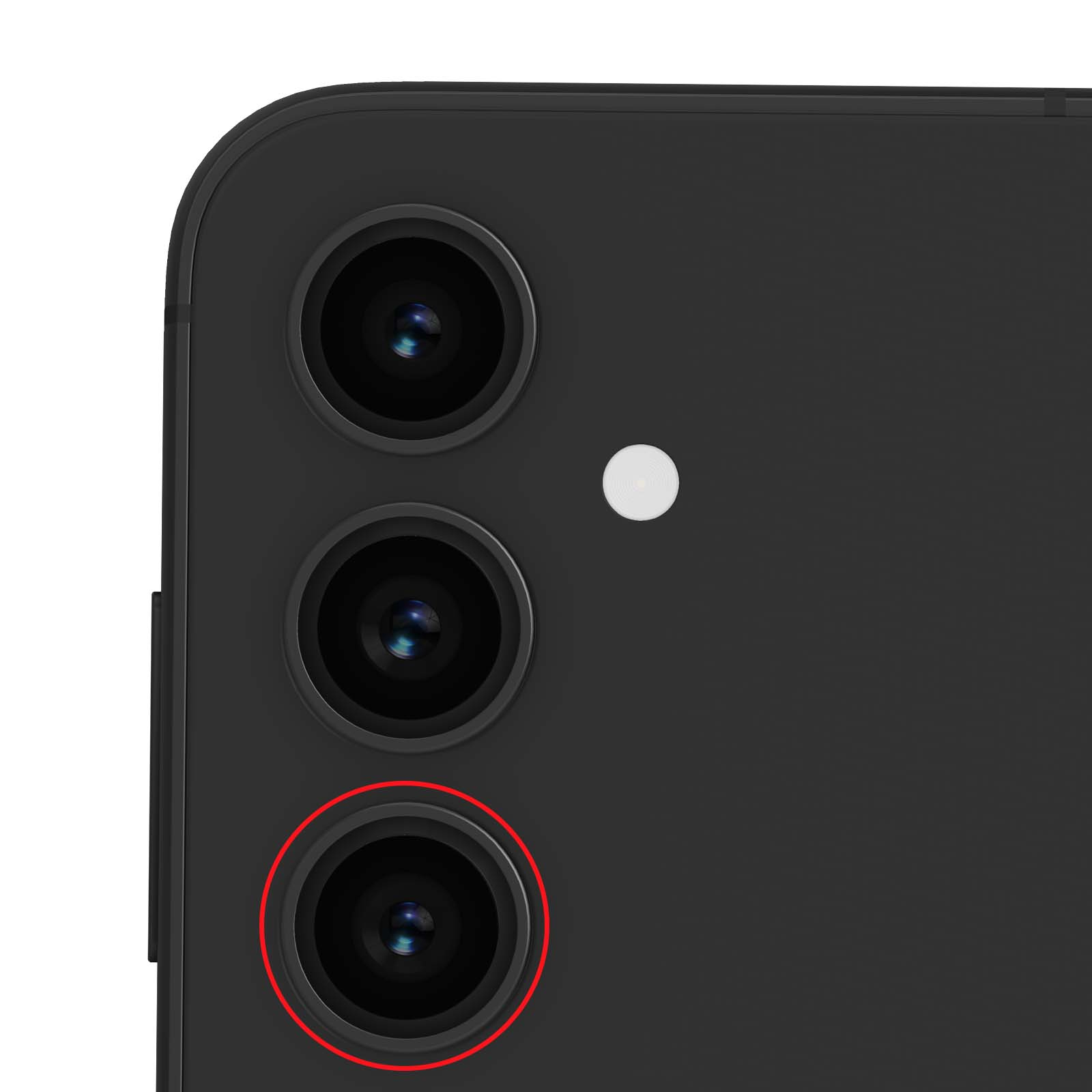Primer plano de las lentes de la cámara de un teléfono. Se ven tres lentes, la inferior está rodeada de rojo.
