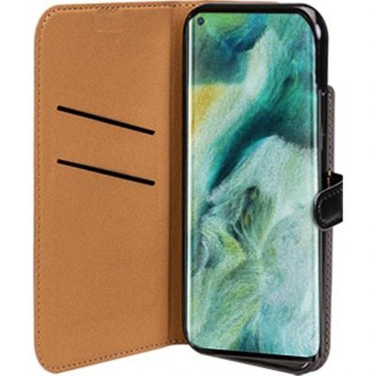 Custodia marrone aperta con telefono dentro. Custodia nera con chiusura laterale.
