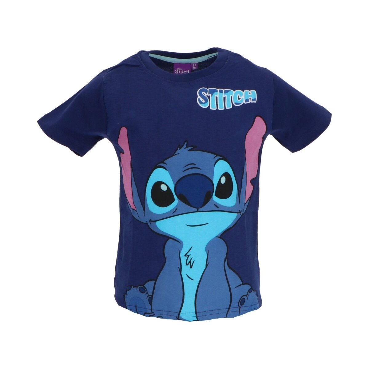 Marineblauw t-shirt met Stitch cartoon lachend, met 'STITCH'-tekst erboven.