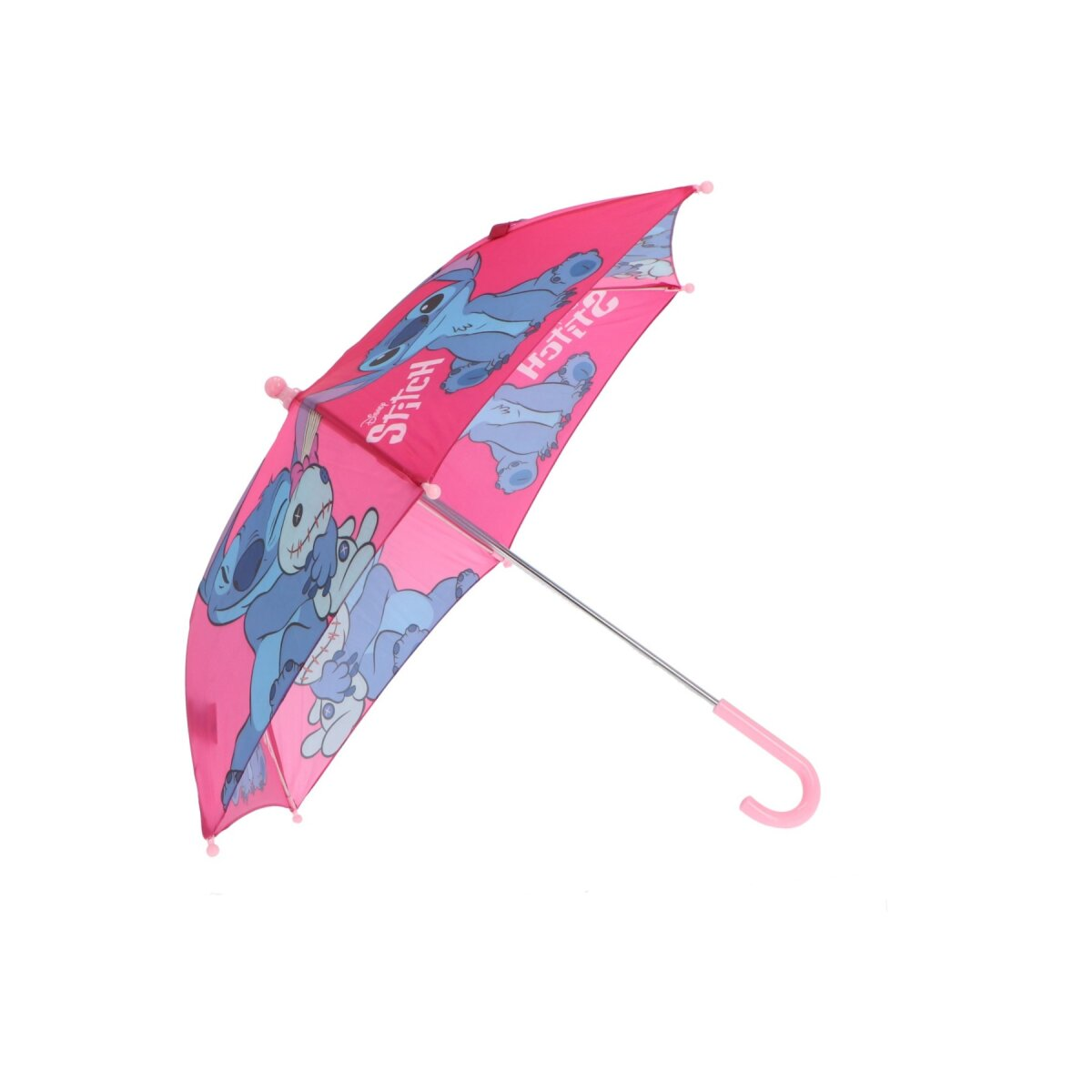 Pinker Regenschirm mit Stitch-Cartoon. Stitch ist auf dem Schirm abgebildet.