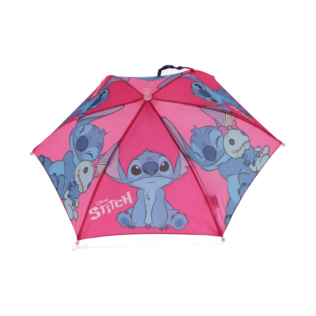 Rosa Regenschirm mit Stitch-Figuren.
