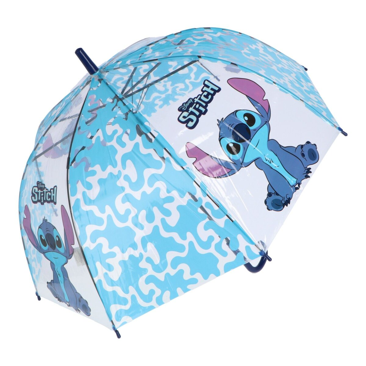 Blauer Stitch-Regenschirm. Stitch-Cartoon-Design auf dem Schirm. Geöffnet vor weißem HG.