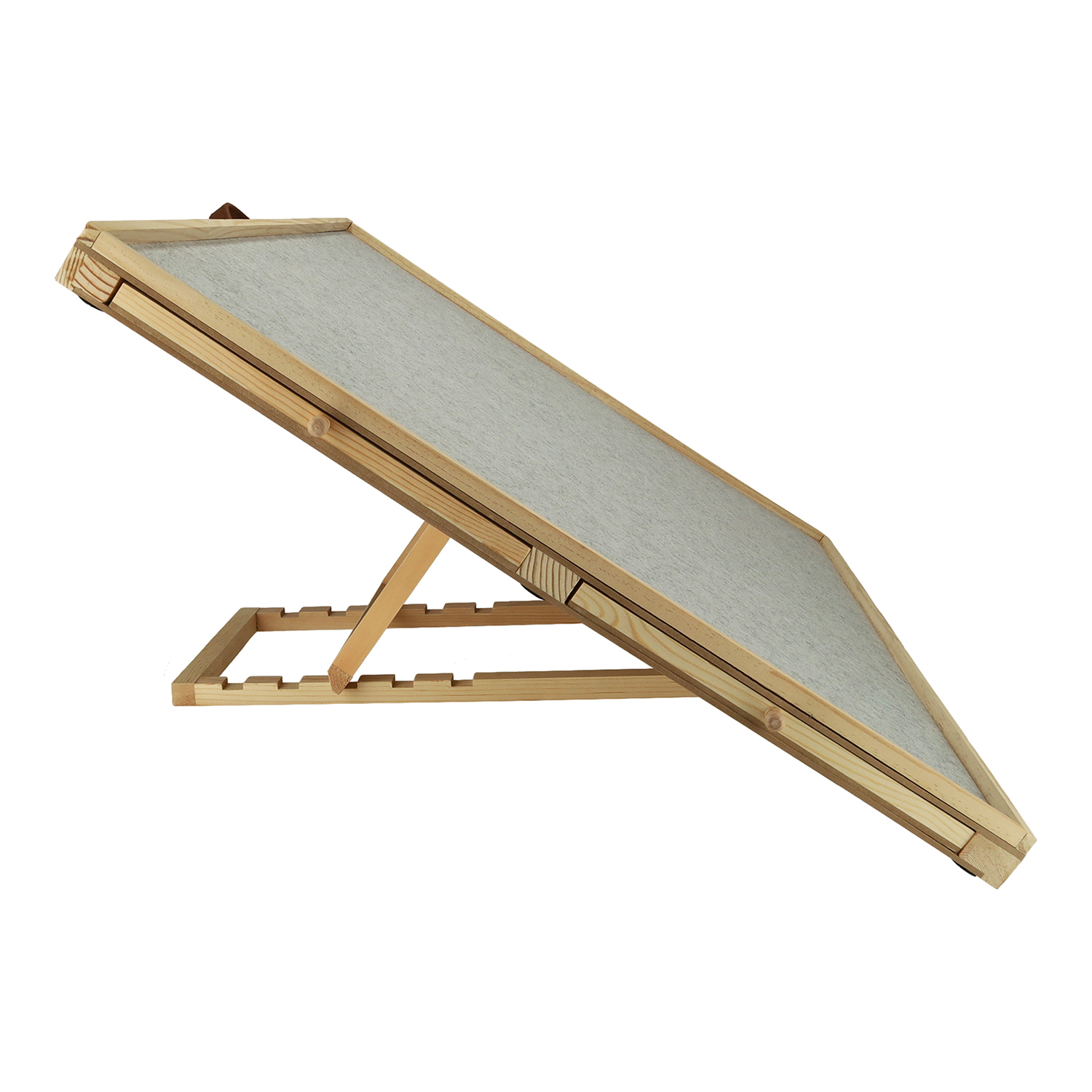 Wooden easel with gray surface, angled. White background.