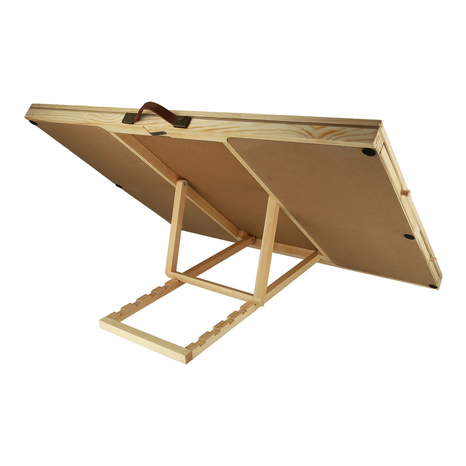 Wooden drawing board, angled up. Brown handle. Wooden legs. White background.