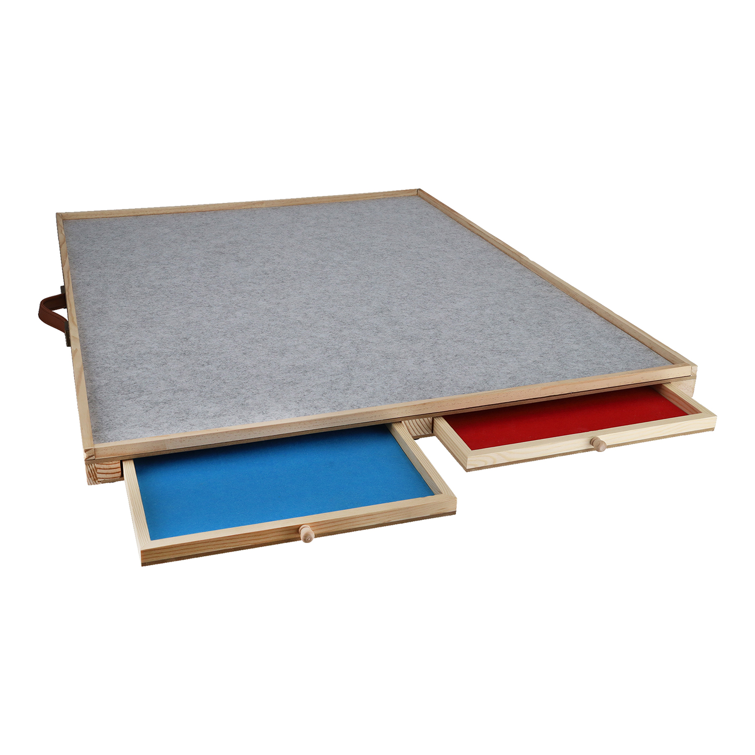 Wooden puzzle holder with gray felt and blue/red trays.