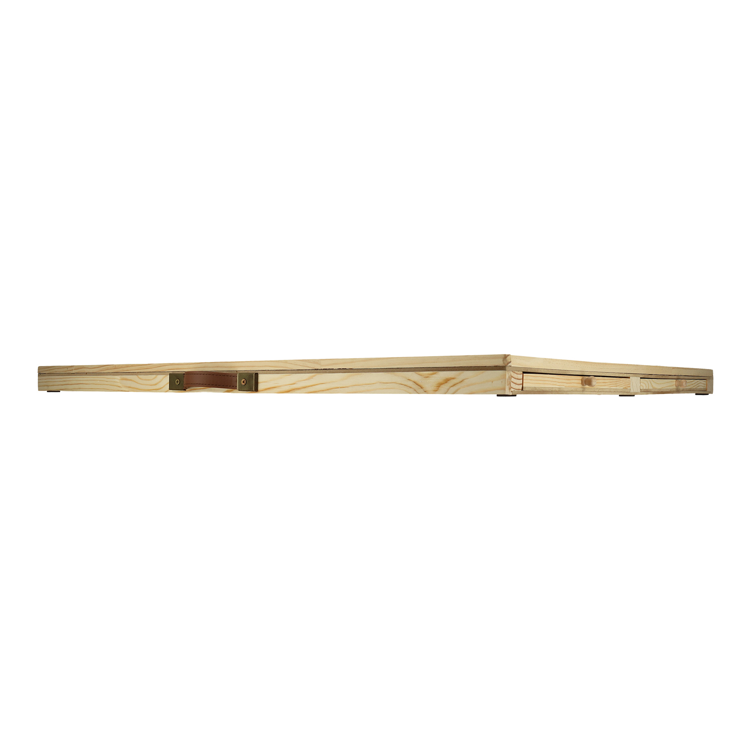 Wooden drawing board, folded flat. Brown handle. White background.