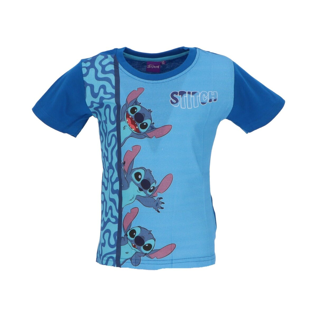 Blauw Stitch t-shirt met drie Stitch-personages erop. 'STITCH' staat op het shirt.