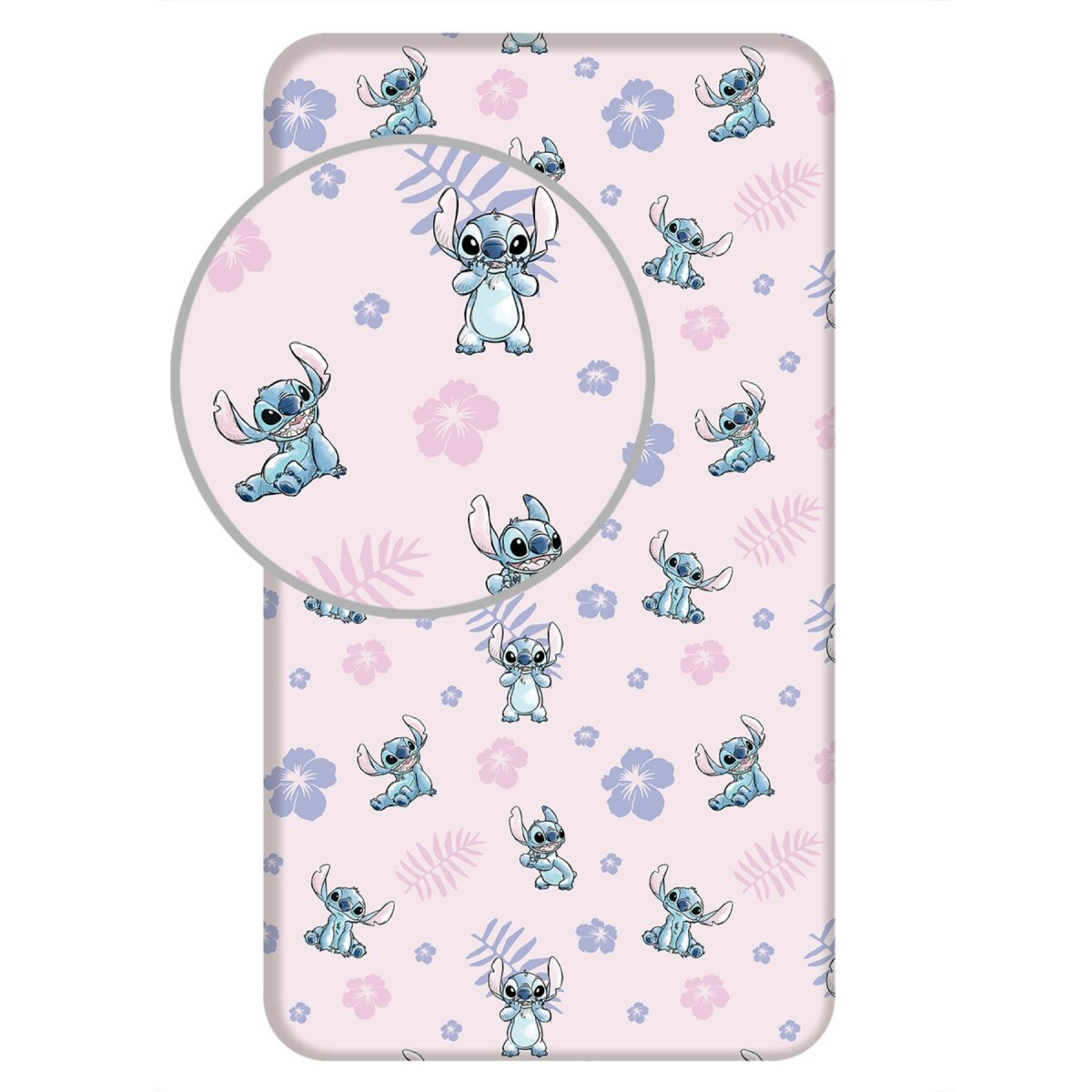 Rosa Bettlaken mit Stitch-Figuren und floralem Muster.