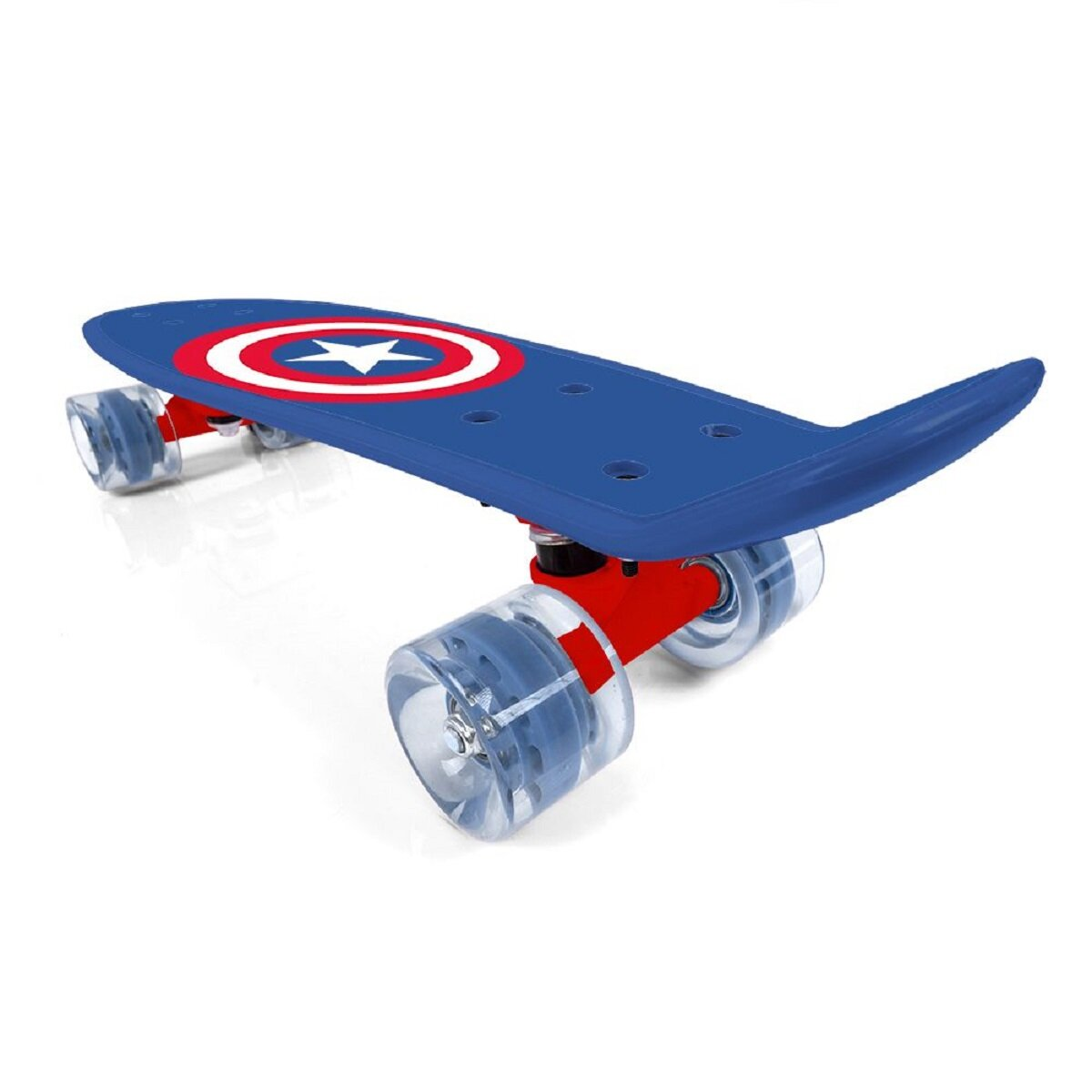 Blaues Skateboard mit Captain America Schild-Design. Rote und transparente Räder.
