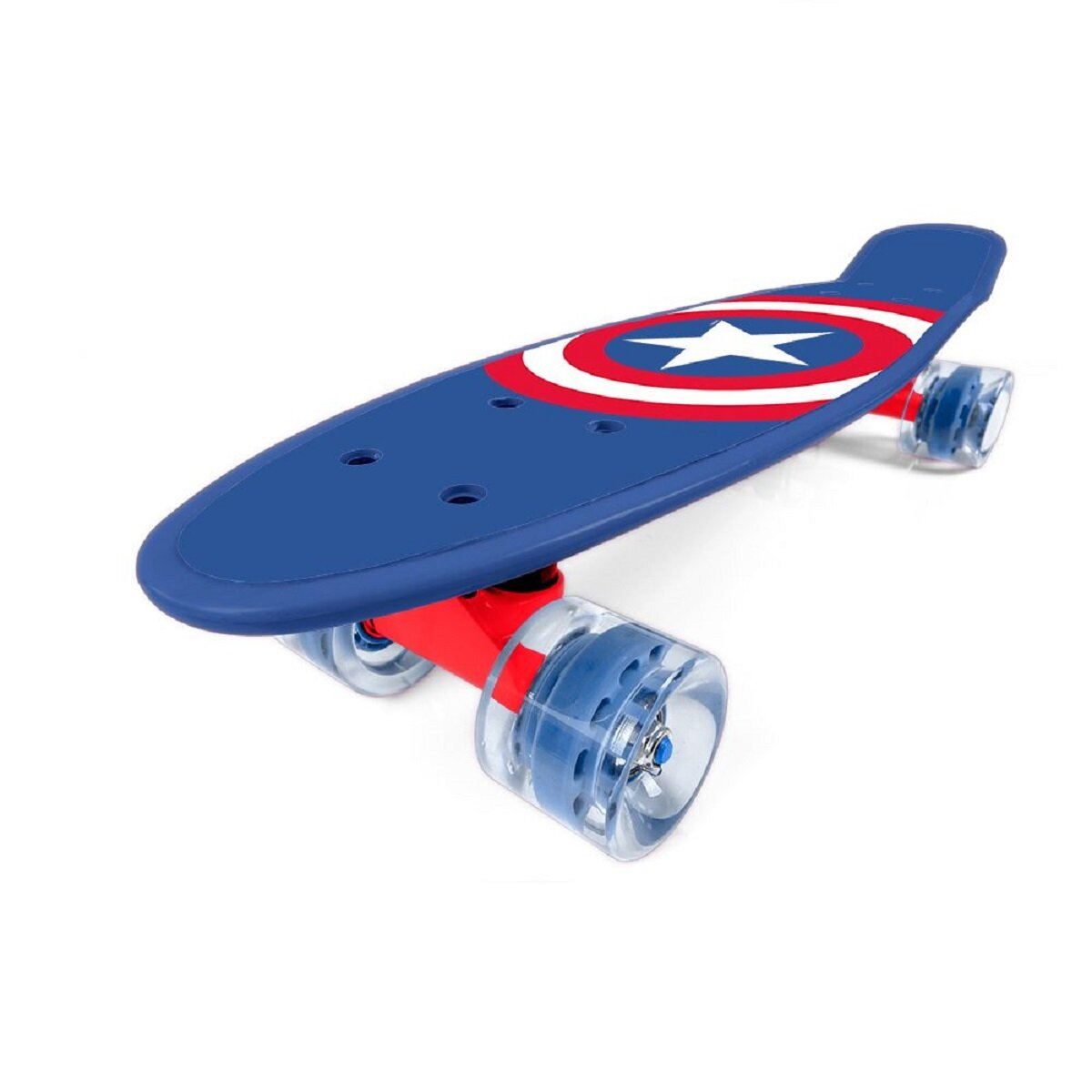 Skateboard mit Captain America Schild Design. Blaues Deck, rote Trucks und transparente Rollen.