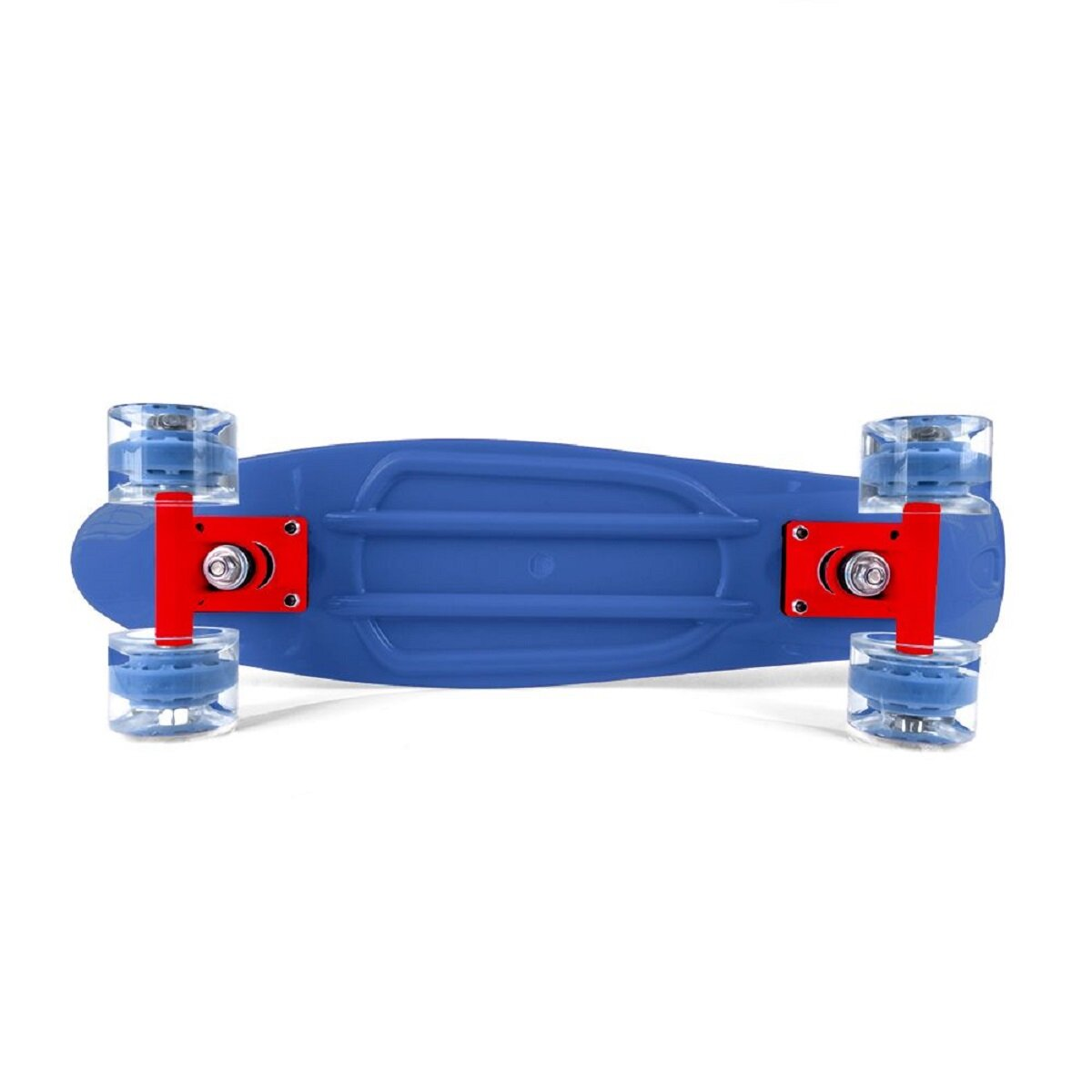 Blaues Skateboard, Unteransicht, mit roten und transparenten Rädern.