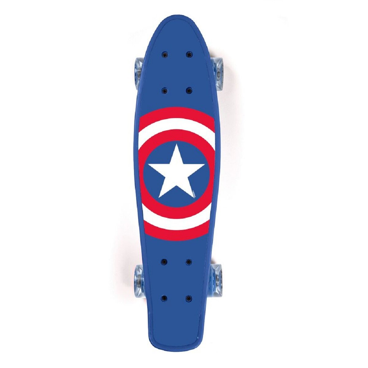 Blaues Skateboard mit Captain America Design und transparenten Rollen.