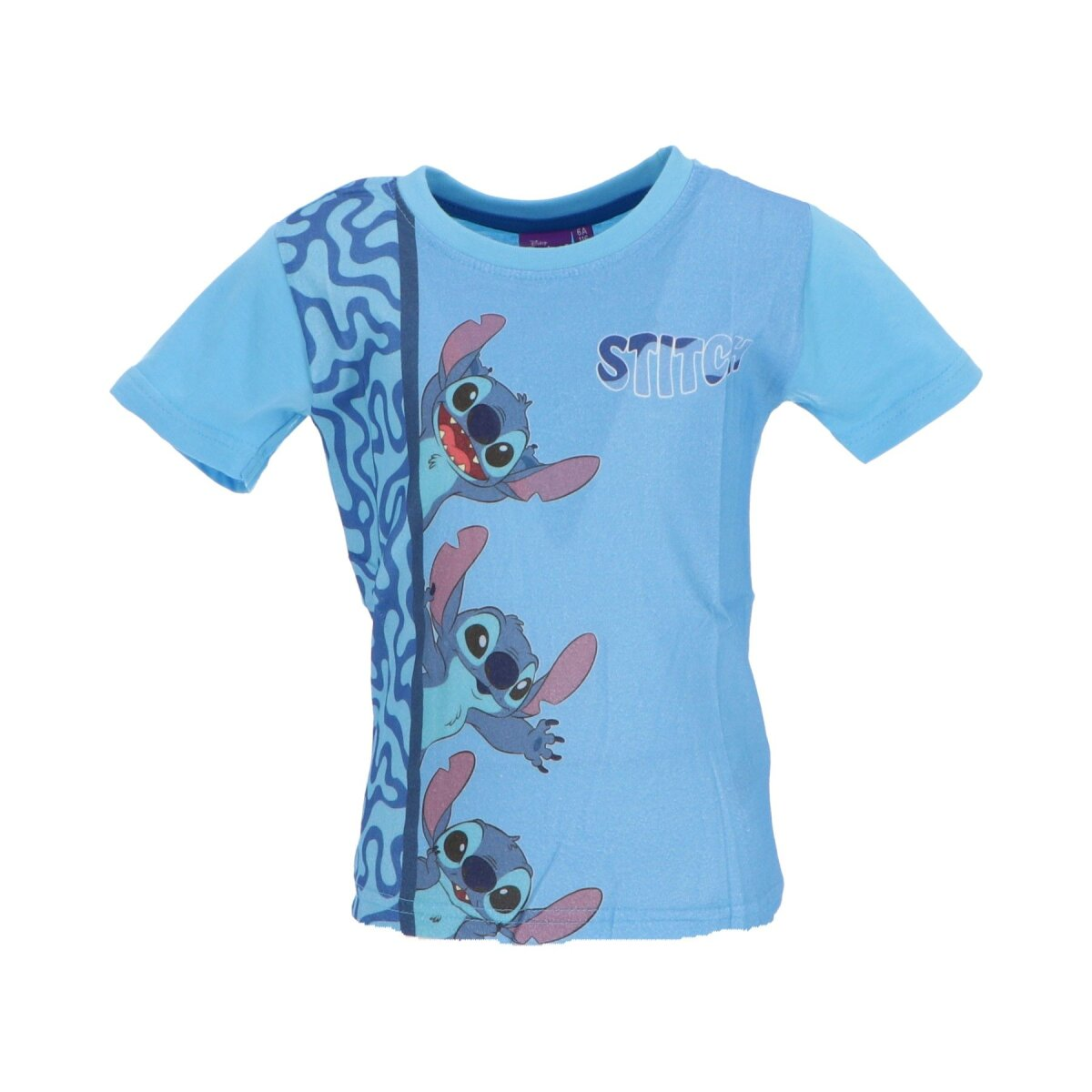 Lichtblauw t-shirt met Stitch van Lilo & Stitch, in poses.