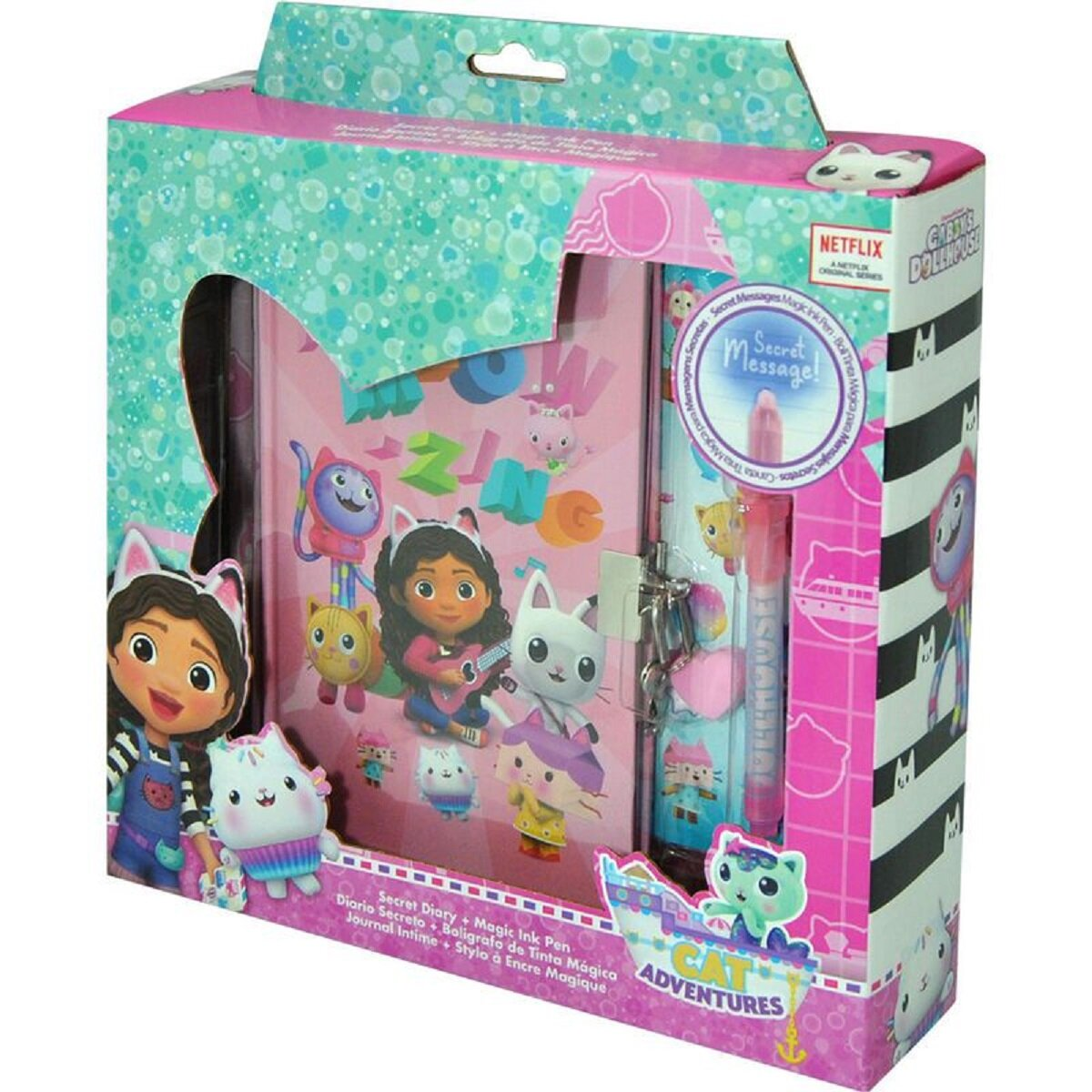 Ein pink-blaues Gabby's Dollhouse Tagebuch-Set mit Schloss, Stift und Aufklebern.