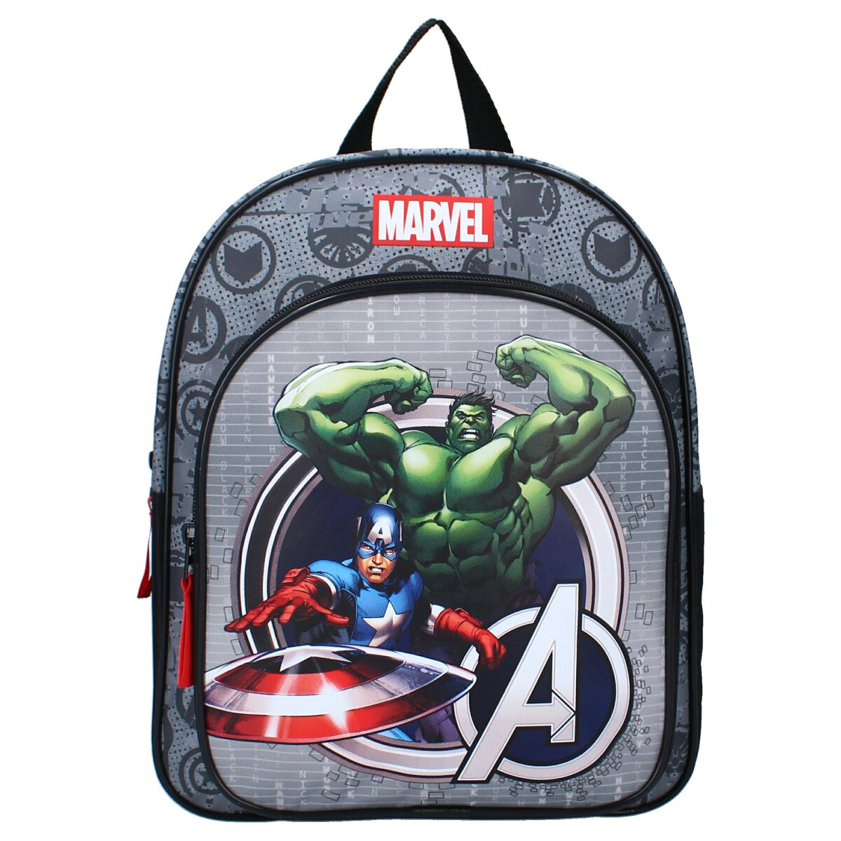 Grauer Marvel-Rucksack. Captain America und Hulk sind mit dem Marvel-Logo auf der Vorderseite abgebildet.