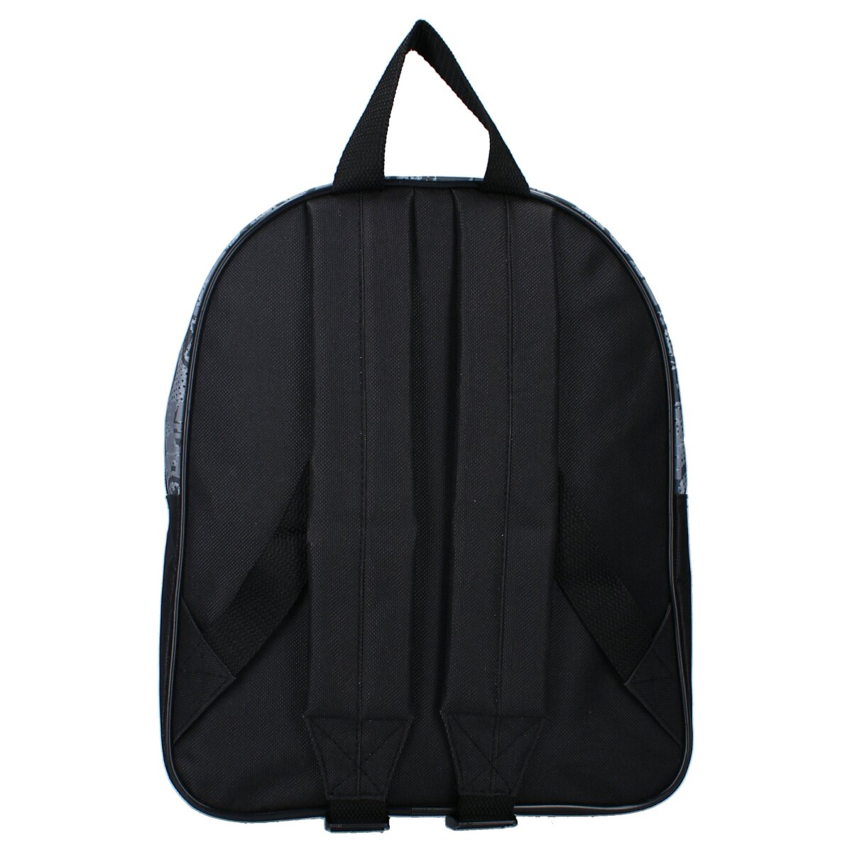 Rucksack mit schwarzen Trägern, schwarzem Rückenteil und blau-weißem Muster auf der Vorderseite.