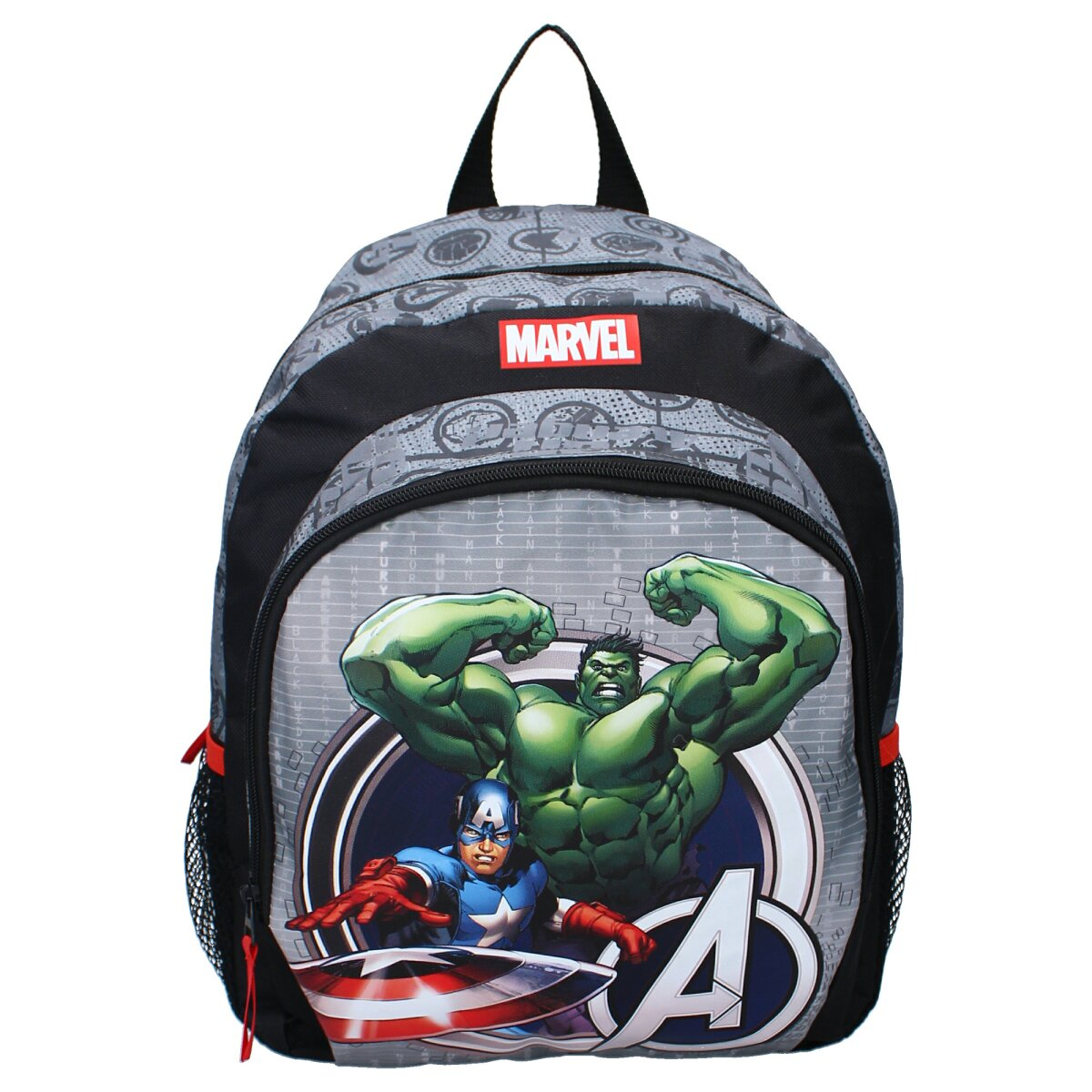 Marvel Avengers Rucksack mit Hulk, Captain America, Iron Man und Black Widow. Marineblauer Hintergrund.
