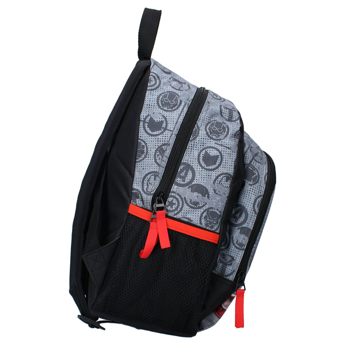 Ein grauer Rucksack mit Marvel Avengers-Logos und einem schwarzen Griff sowie roten Reißverschlussdetails.