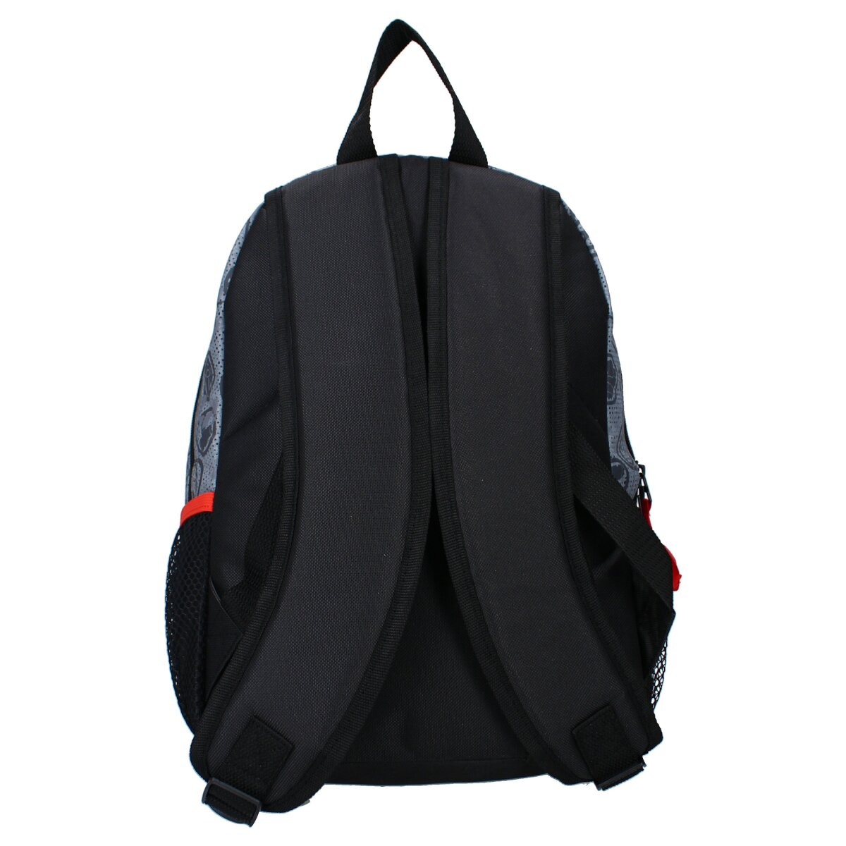 Rückseite eines Marvel-Rucksacks mit Avengers-Logo, schwarzer Netztasche und rotem Reißverschluss.