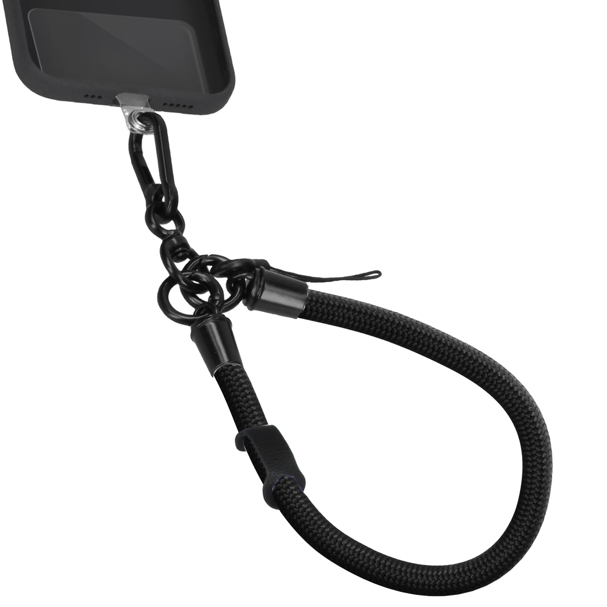 Zwart telefoonkoord met een lusvormige zwarte band.
