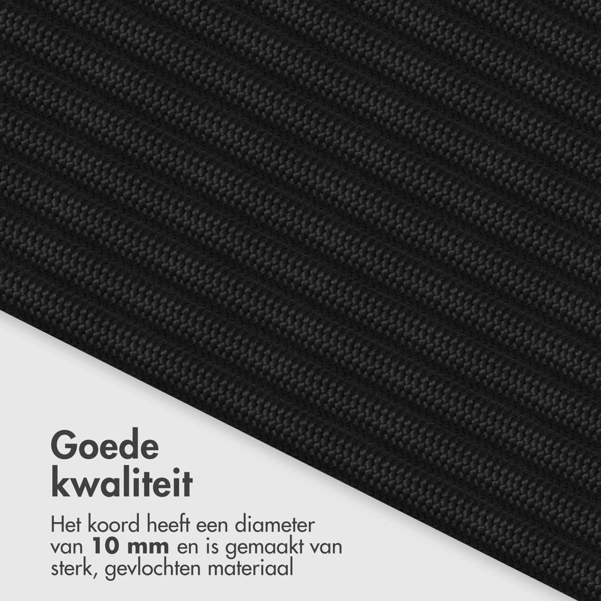 Close-up van een zwart, geweven touw. Tekst in het Nederlands luidt: Goede kwaliteit. 10 mm diameter.