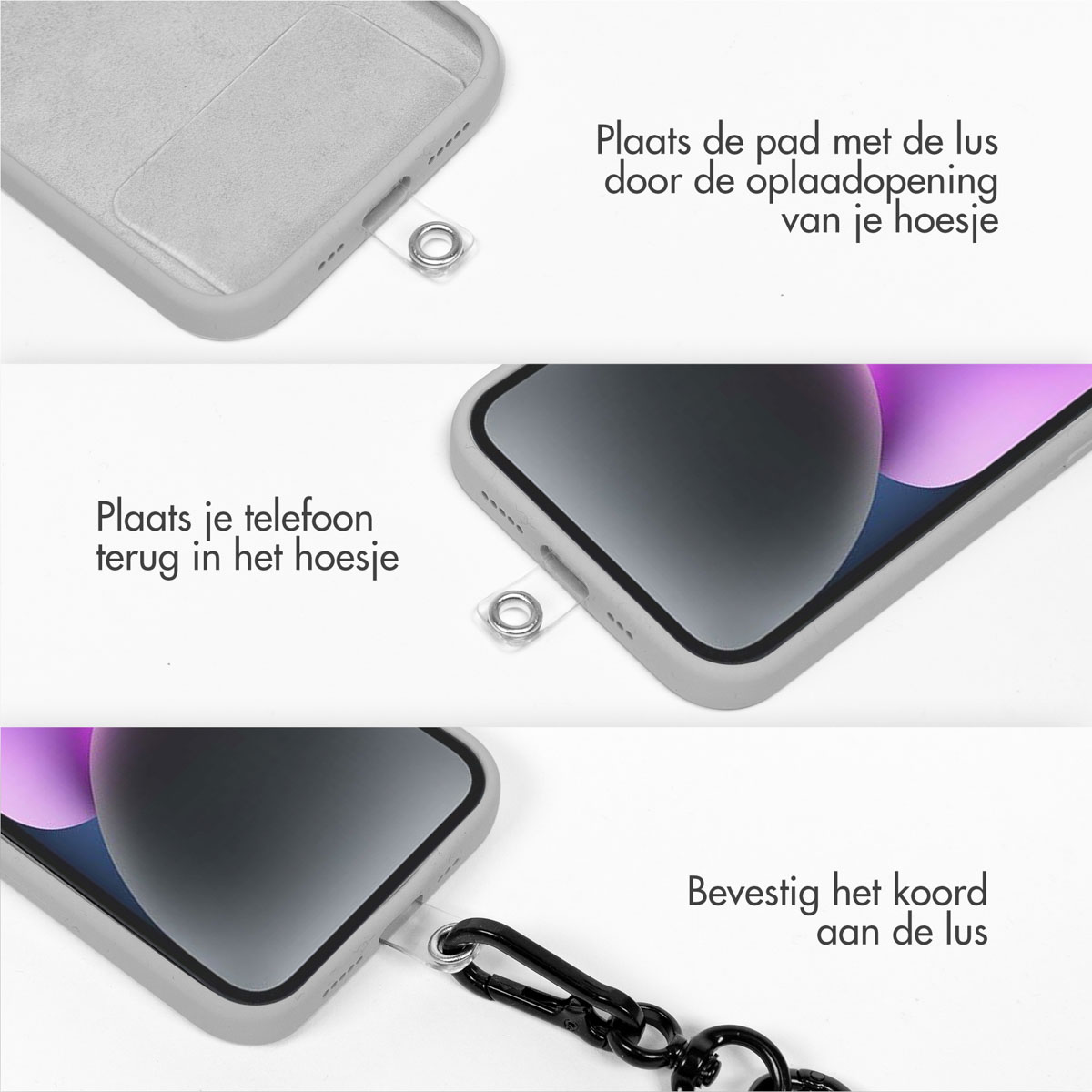 Een telefoonhoesje met een bevestigingspunt voor een riem. Instructies in het Nederlands: Bevestig het kussen door het gat.