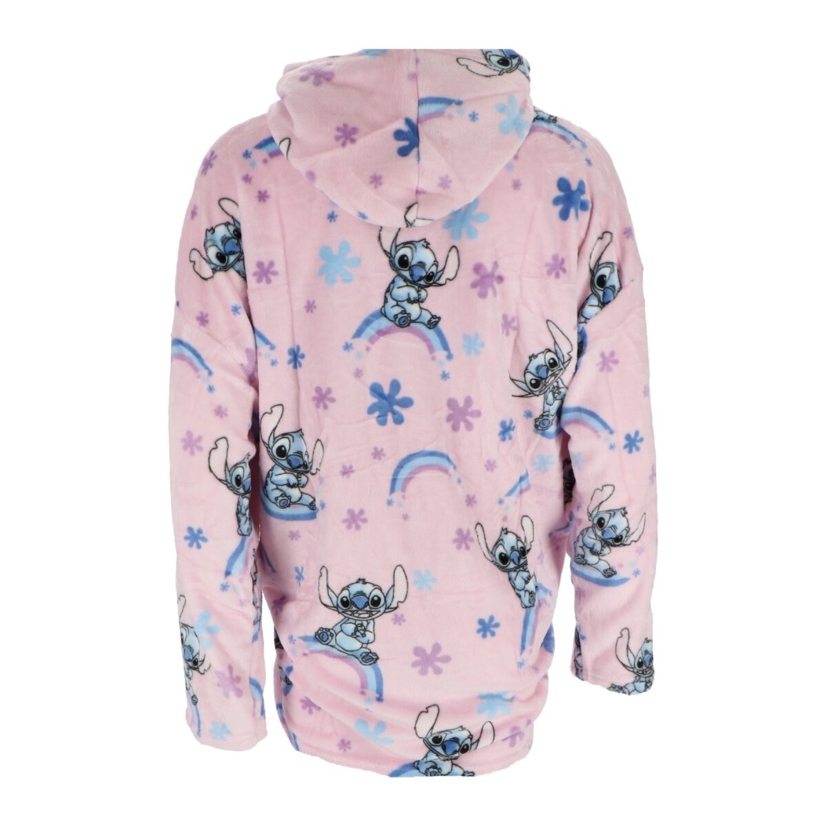 Rückseite des rosa Stitch-Hoodies mit Stitch-Charaktermuster. Blaue Regenbögen und Blumen schmücken den Hoodie.