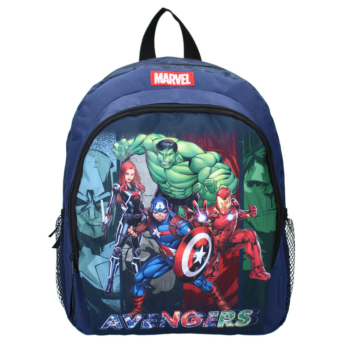 Blauer Rucksack mit Avengers-Figuren. Captain America, Iron Man, Hulk und Black Widow sind gezeigt.