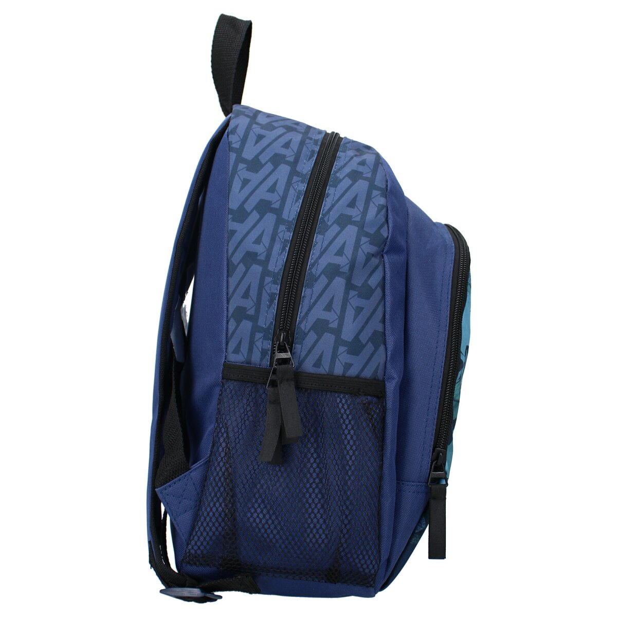 Blauer Rucksack mit Seitentaschen, Trägern und Griff. Das Design hat blaue Muster.