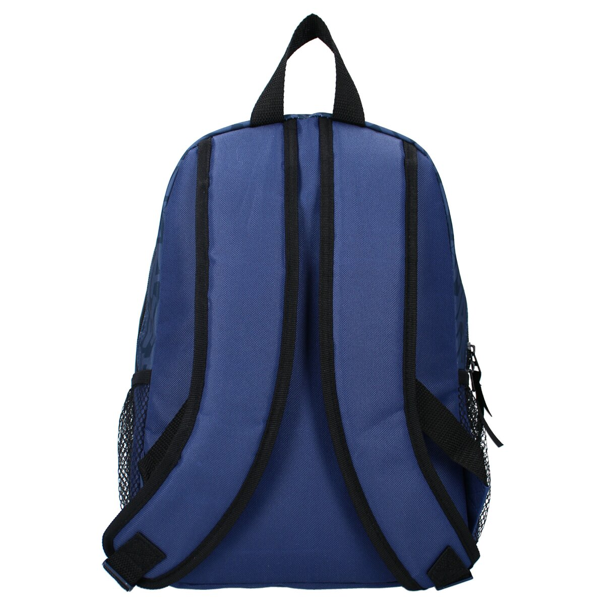 Rückansicht eines blauen Rucksacks. Schwarze Riemen und eine Seitentasche aus Netz sind sichtbar.