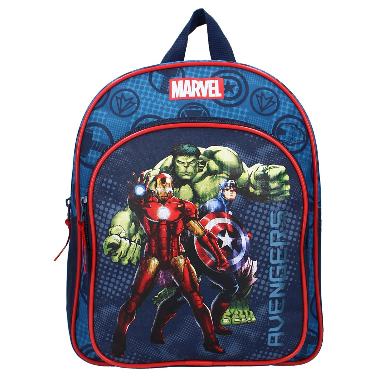 Ein blauer Marvel Avengers Rucksack mit Iron Man, Hulk und Captain America.